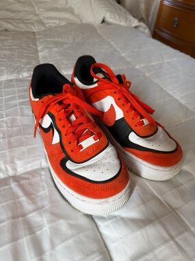 NIKE ORANGE AND WHITE AIR FORCE ONES
